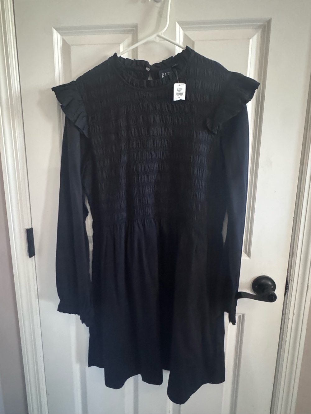 GAP Black Smocked Ruffle-Shoulder Long Sleeve Dress